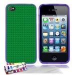 Coque iphone 4 4s briques vertes silicone violet souple (tpu) + 3 films
