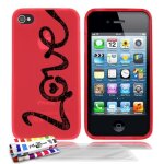 Coque iphone 4 4s love silicone rouge souple (tpu) + 3 films