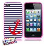 Coque iphone 4 4s mariniere bleue et ancre silicone rose souple (tpu)