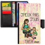 Coque iphone x cuir rabat portefeuille humour j'peux pas j'suis tata enfant tante etui jpeux aimant�e ...