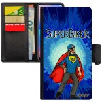 Coque mi 8 lite cuir a rabat super biker motard bande dessine humour noir bleu heros smartphone texte ...