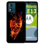 Coque pour motorola moto e13 - crane en feu fire skull - silicone - noir
