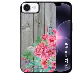 Coque noire taperso pour iphone 17e et 16e avec motif bois gris et fleur rose