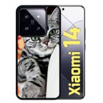 Coque pour redmi 14 - chat tigr gris yeux vert - silicone - noir