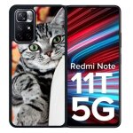 Coque pour redmi note 11t 5g - chat tigr� gris yeux vert - silicone - noir