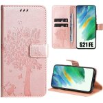 Coque pour samsung galaxy s21 fe, protection antichoc synth�cuir rose motif arbre chat fleur (pas pour ...