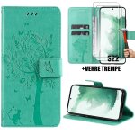 Coque pour samsung galaxy s22, motif arbre papillon fleur el�gant portefeuille effet cuir vert + 2 verres ...