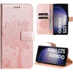 Coque pour samsung galaxy s23 ultra, protection anti - rayures effet cuir rose motif arbre chat fleur ...