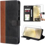 Coque pour samsung galaxy s24 avec 2 verres tremp�s, synth�cuir bicolore marron - e. f. connection