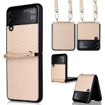 Coque pour samsung galaxy z flip4 5g, premium en cuir fibre de carbone flip case avec sangle reglable, ...