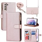 Coque samsung s21 plus 5g avec cordon collier flip portefeuille etui en cuir 9 porte cartes double fermeture ...