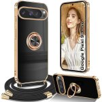 Coque silicone pour google pixel 9 / pixel 9 pro avec collier cordon rglable, anneau rotatif 360 bquille ...