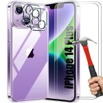 Coque silicone pour iphone 14 plus + 2 verres trempes ecran et 2 protections objectif arrière Coque silicone pour iphone 14 plus + 2 verres trempes ecran et 2 protections objectif arrière