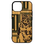Coque silicone iphone 15 bois chat mignon tigr mobile noir ethnique petit azteque gris unique animal ...