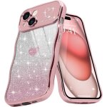Coque de t�l�phone boucl�e avec motif coeur mignon pour iphone 15, cadre ondul� � paillettes pour filles ...