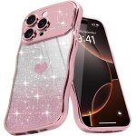 Coque de t�l�phone boucl�e avec motif coeur mignon pour iphone 16 pro, cadre ondul� a paillettes pour ...