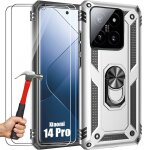 Coque pour xiaomi 14 pro avec 2 verres tremp�s, protection rigide anneau support - argent� - e. f. connection ...