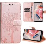 Coque pour xiaomi redmi note 12 4g, housse rabat cuir pu rose avec motif chat arbre papillon fermeture ...