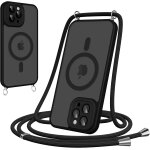 Etui iphone 12 pro max magn�tique - housse translucide mate avec cordon, compatible magsafe - noir