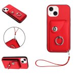 Etui pour iphone 14 cuir supports de fente pour carte housse de protection sangle a main - rouge