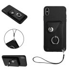 Etui pour iphone x / xs sangle a main cuir housse de protection supports de fente pour carte - noir