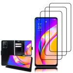 Etui portefeuille pour oppo a94 5g 6. 43  support video cuir pu - noir + 3 films verre tremp - noir