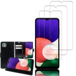 Etui portefeuille pour samsung galaxy a22 5g 6. 6  support video cuir pu - noir + 3 films verre tremp� ...