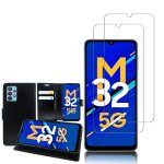 Etui portefeuille pour samsung galaxy m32 5g 6. 5  support video cuir pu - noir + 2 films verre tremp� ...