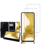 Etui portefeuille pour samsung galaxy s22 5g 6. 1  support video cuir pu - noir + 2 films verre tremp ...