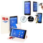 Etui portefeuille pour sony xperia e4 5. 0  support video cuir pu effet tissu - blanc + 1 film verre ...