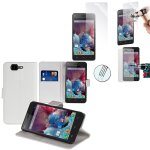Etui portefeuille pour wiko highway / highway 4g support video cuir pu - blanc + 2 films verre tremp ...