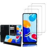 Etui portefeuille pour xiaomi redmi note 11 / note 11s 6. 43  support video cuir pu - noir + 3 films ...