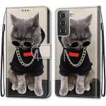Etui en pu cuir coque pour samsung s21 5g flip housse magntique collier chat etui a rabat portefeuille ...