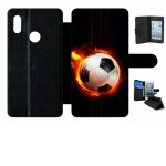 Etui a rabat - ballon de foot en feu - compatible avec huawei y6s 2019 - simili - cuir - bord noir