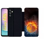 Etui a rabat pour galaxy a24 - ballon de basket eau et feu - simili - cuir - noir