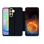 Etui a rabat pour galaxy a25 - ballon de basket eau et feu - simili - cuir - noir