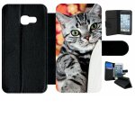 Etui a rabat galaxy a3 (2017) - chat tigr gris yeux vert - simili - cuir - noir