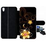 Etui a rabat - golden flowers 2 - compatible avec sony xperia xa - simili - cuir - bord noir