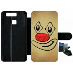 Etui � rabat huawei ascend p9 - smiley clown nez rouge - simili - cuir - noir