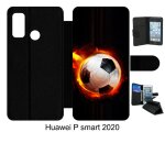 Etui a rabat huawei p smart 2020 - ballon de foot en feu - simili - cuir - noir