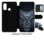 Etui a rabat huawei p smart 2020 - loup fond gris - simili - cuir - noir