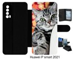 Etui a rabat huawei p smart 2021 - chat tigr gris yeux vert - simili - cuir - noir