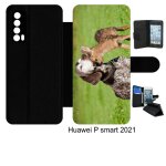 Etui a rabat huawei p smart 2021 - chien et petit chevreuil - simili - cuir - noir