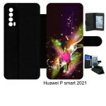 Etui a rabat huawei p smart 2021 - d�cor abstrait feuille arabesque - simili - cuir - noir