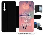 Etui a rabat huawei p smart 2021 - dont touch my phone fond rose poudree - simili - cuir - noir