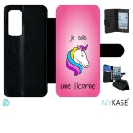 Etui a rabat huawei p40 - je suis une licorne fond rose - simili - cuir - noir