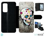 Etui a rabat huawei p40 - skull fleur bleu fond gris - simili - cuir - noir