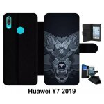 Etui a rabat huawei y7 - loup fond gris - simili - cuir - noir