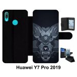Etui a rabat huawei y7 pro - loup fond gris - simili - cuir - noir