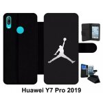 Etui a rabat pour huawei y7 pro - michael jordan logo gris - simili - cuir - noir